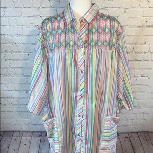 Vintage snap closure Colorful Striped “house dress” Robe.
